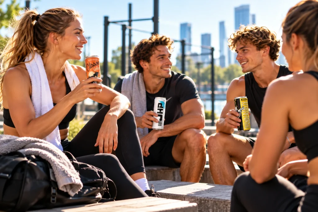 Sportieve vrienden aan het water met blikjes met eigen etiket