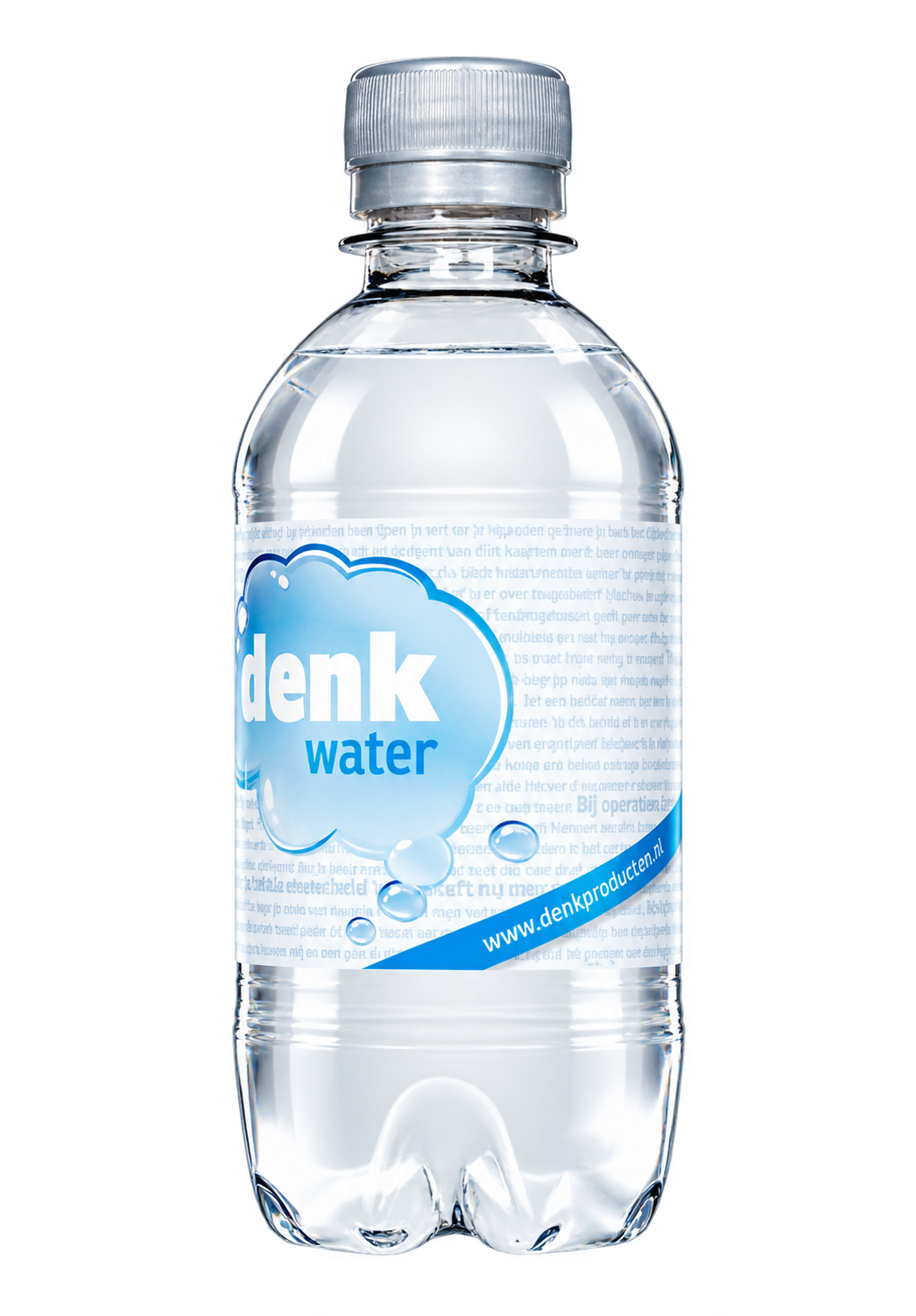 Glanzend PET waterflesje 33 cl met koolzuur, zilveren dop en eigen etiket – 33GDK