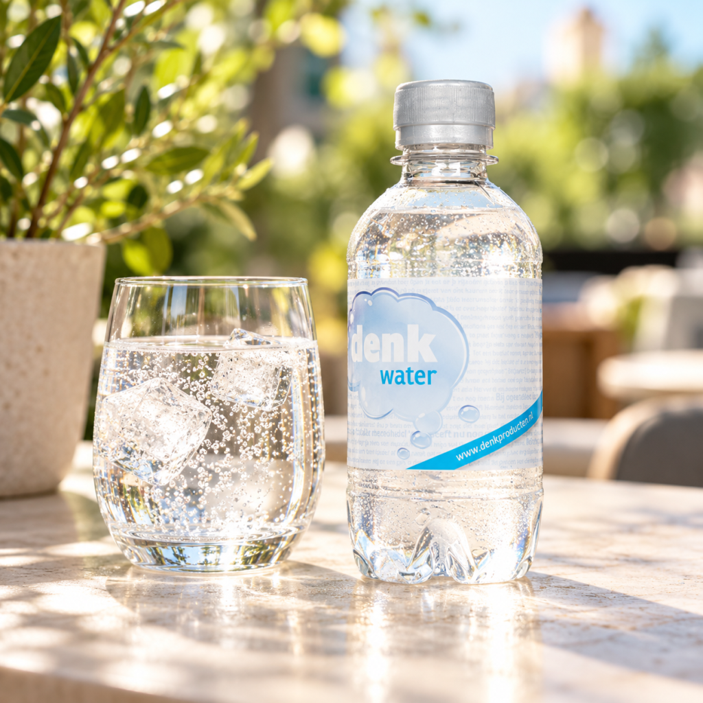 PET flesje bruiswater van 33 cl met zilveren dop en eigen etiket naast een glas bruiswater op een zonnig terras