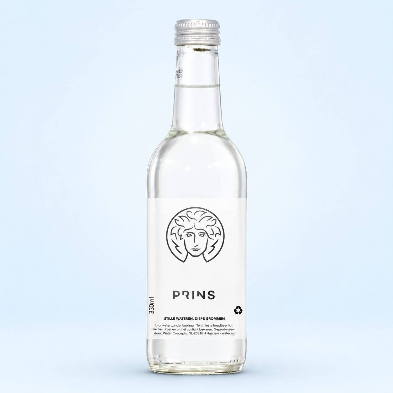 Glazen waterfles van 33 cl met het eigen etiket van Wim Prins