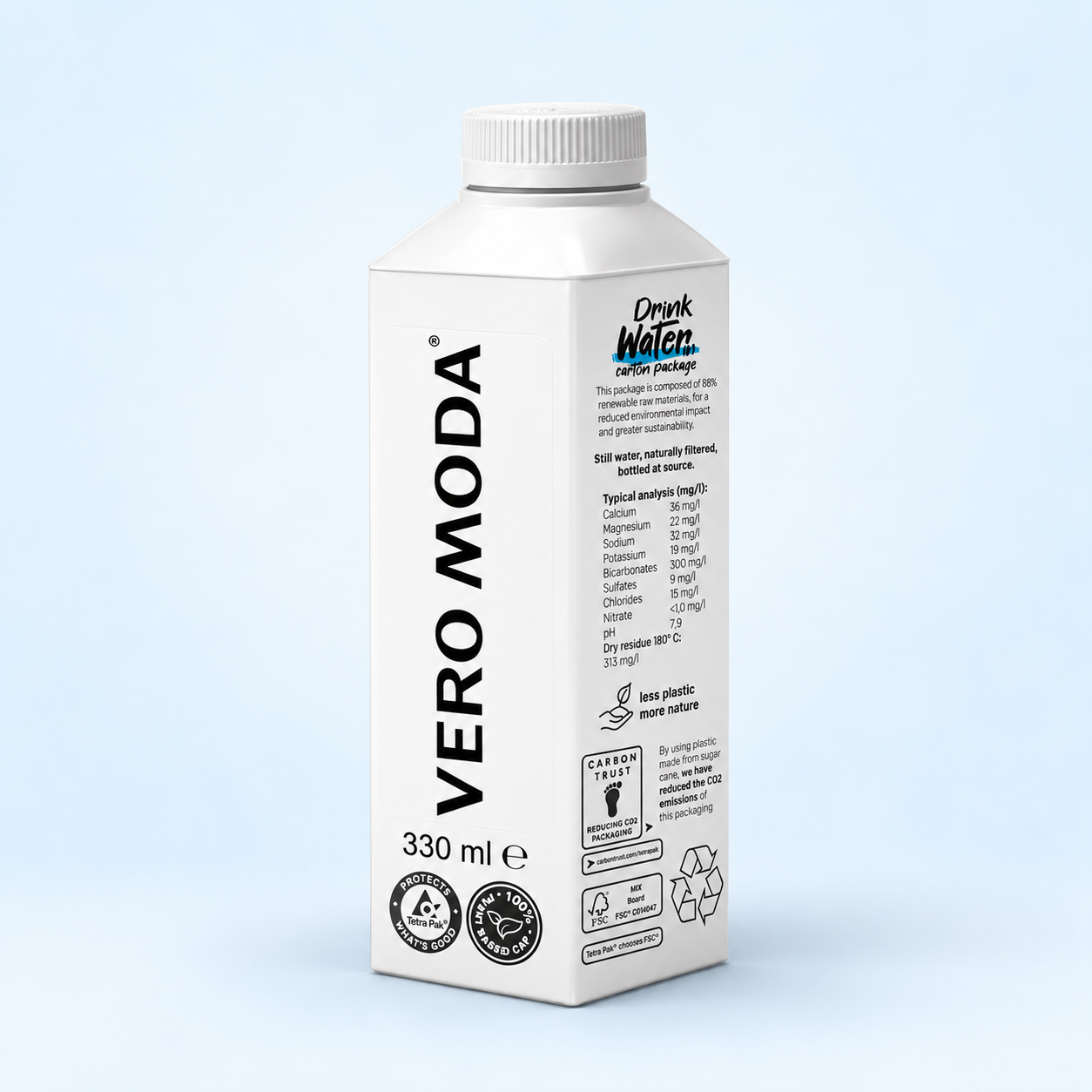 Kartonnen waterpakje met bedrukking van VERO MODA