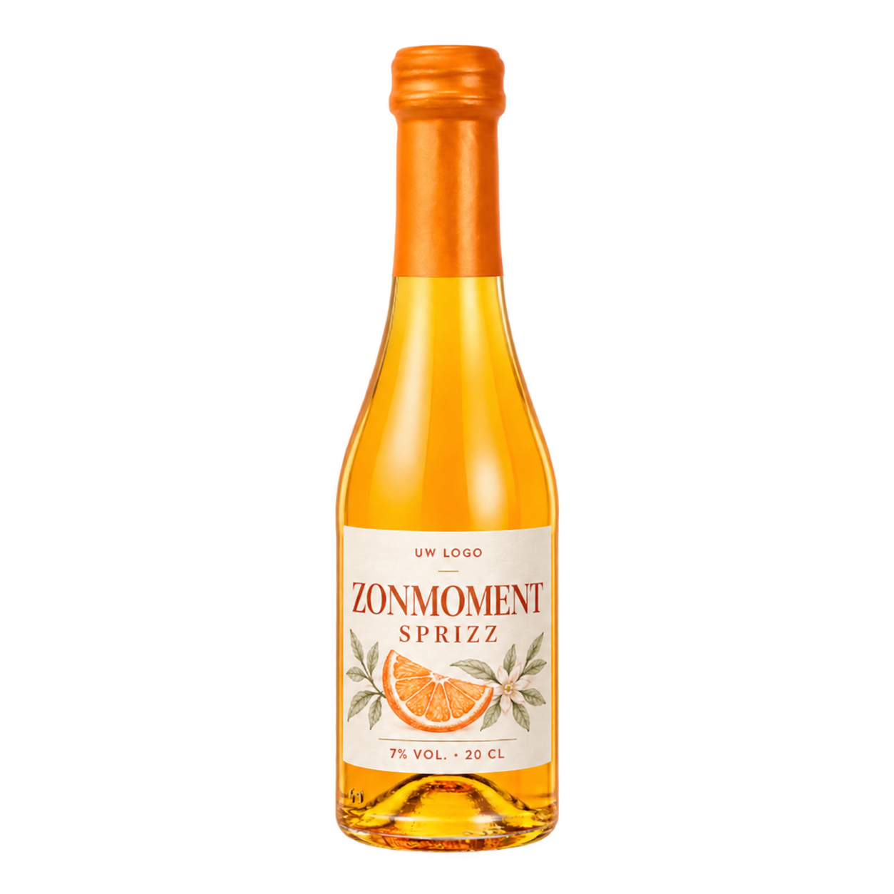 Sprankelend aperitief 20 cl met 7% alcohol en eigen voorbeeldetiket Zonmoment