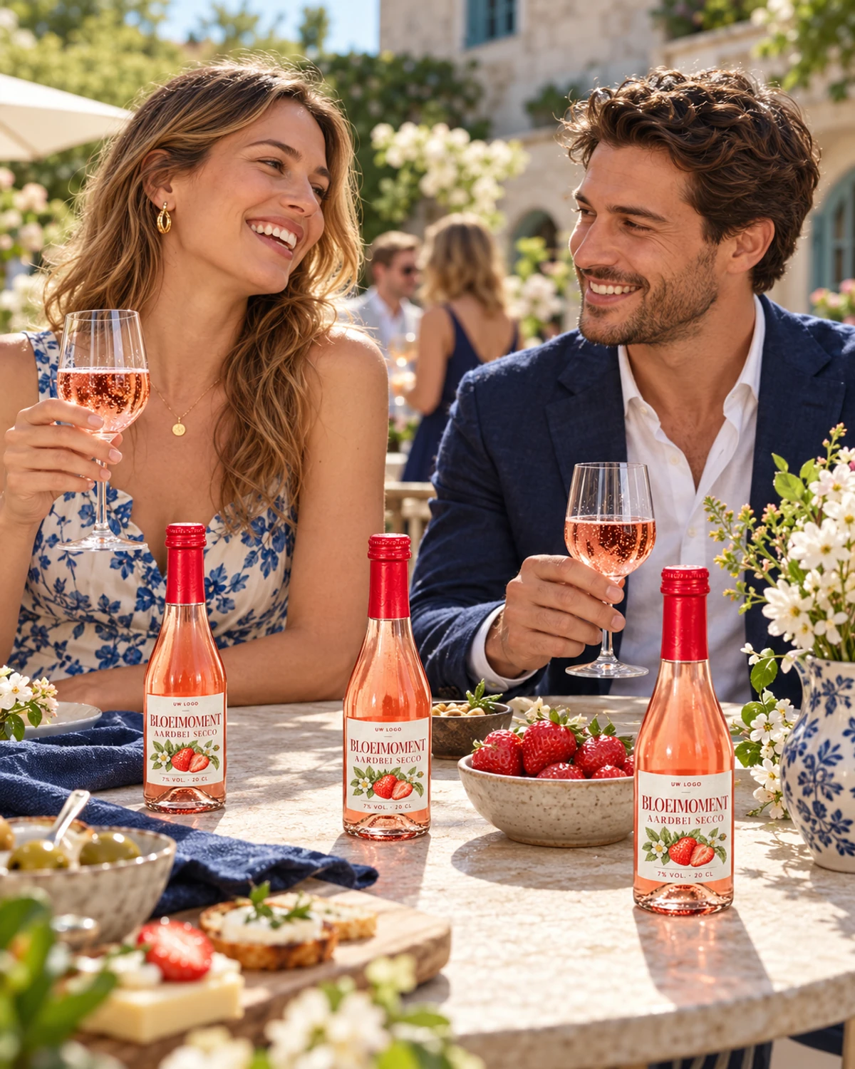 Aardbei Secco 20 cl flesjes met eigen etiket en ronde spritzglazen op een zonnig terras
